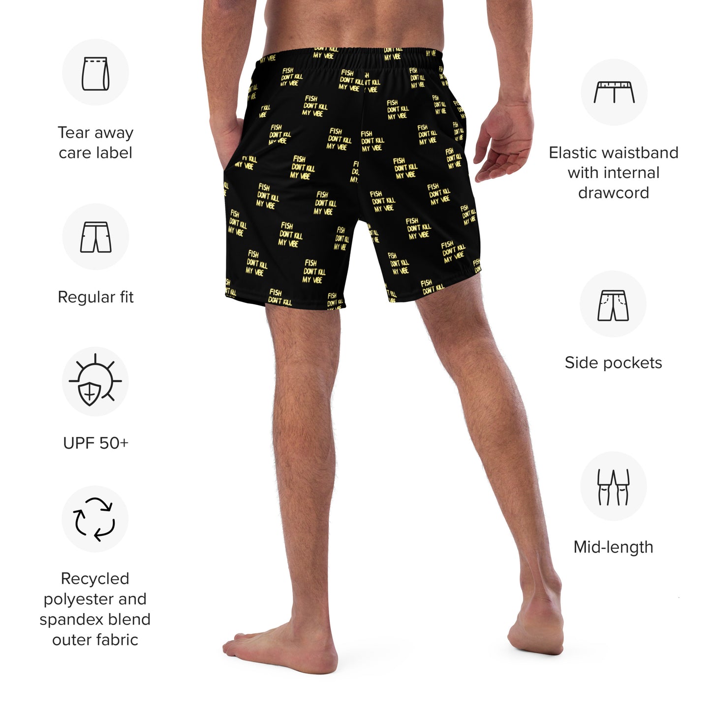 All-Over Print Unisex Recycled Swim Trunks "Fish Don’t Kill My Vibe"