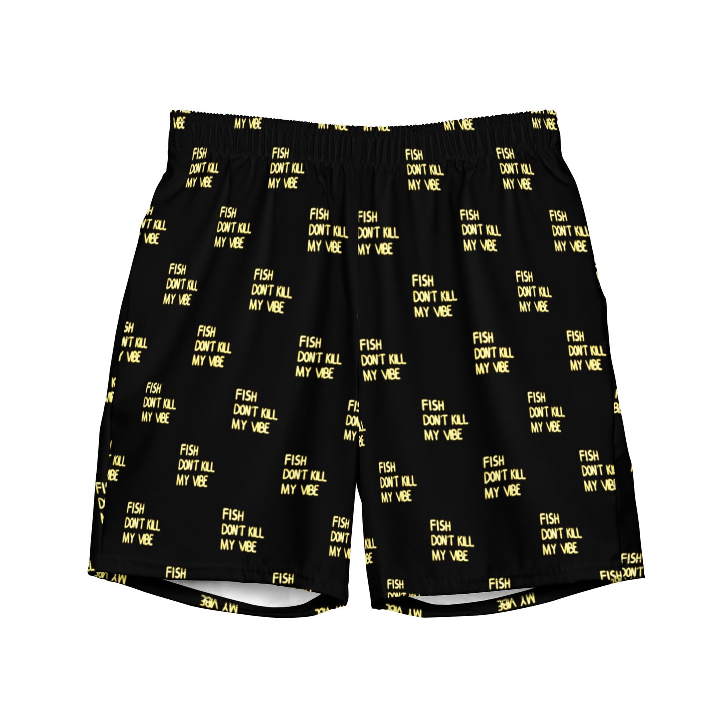 All-Over Print Unisex Recycled Swim Trunks "Fish Don’t Kill My Vibe"