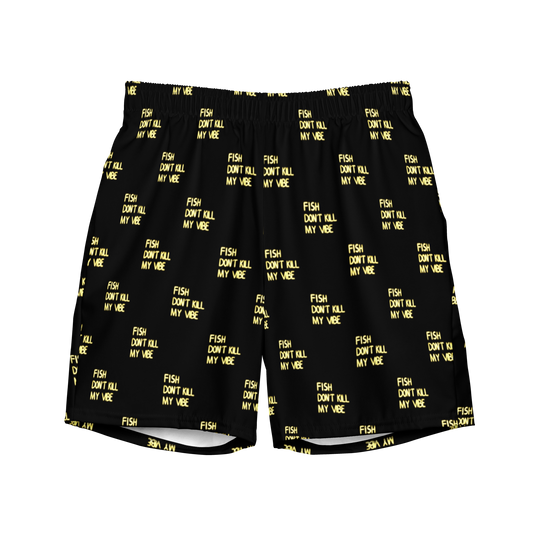 All-Over Print Unisex Recycled Swim Trunks "Fish Don’t Kill My Vibe"