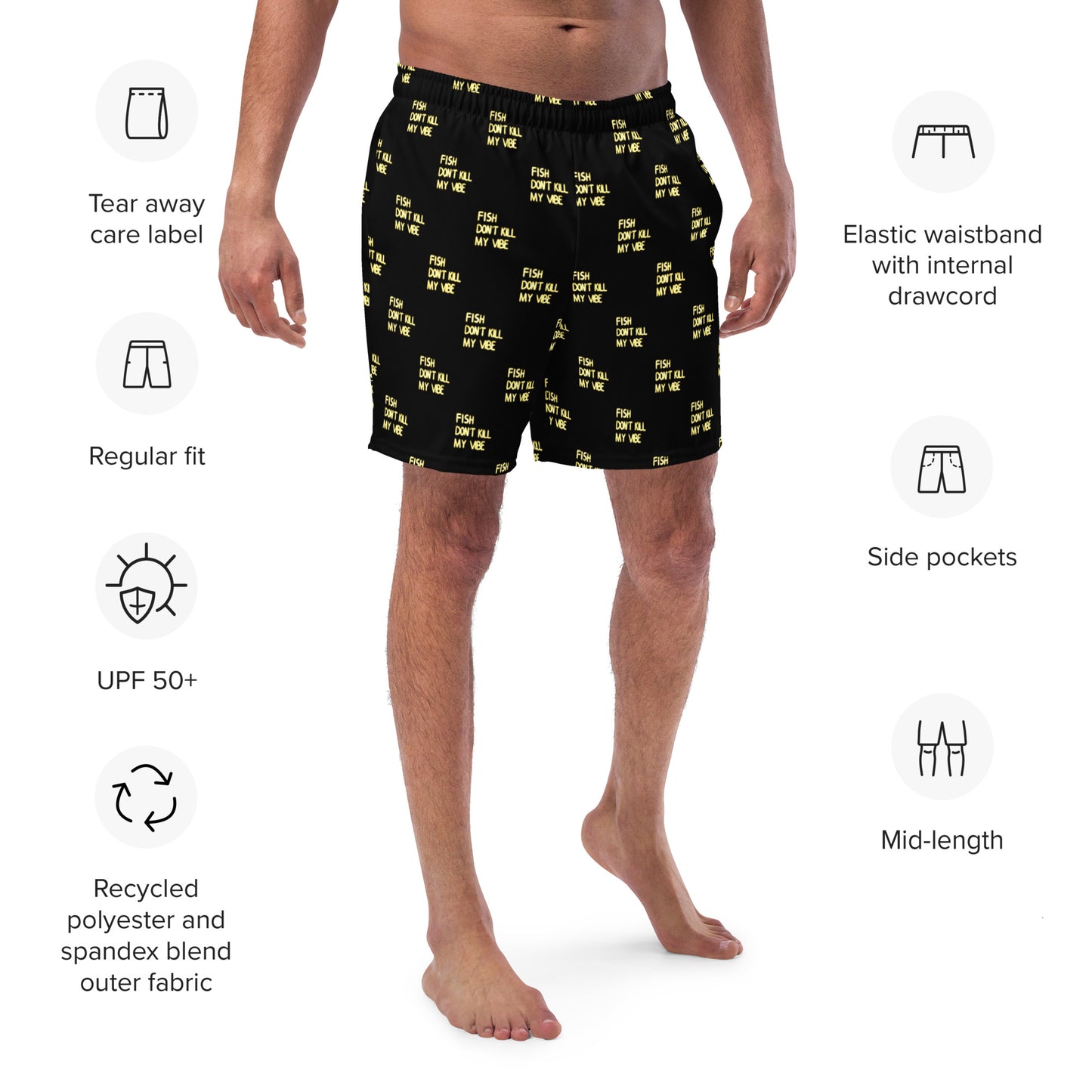 All-Over Print Unisex Recycled Swim Trunks "Fish Don’t Kill My Vibe"