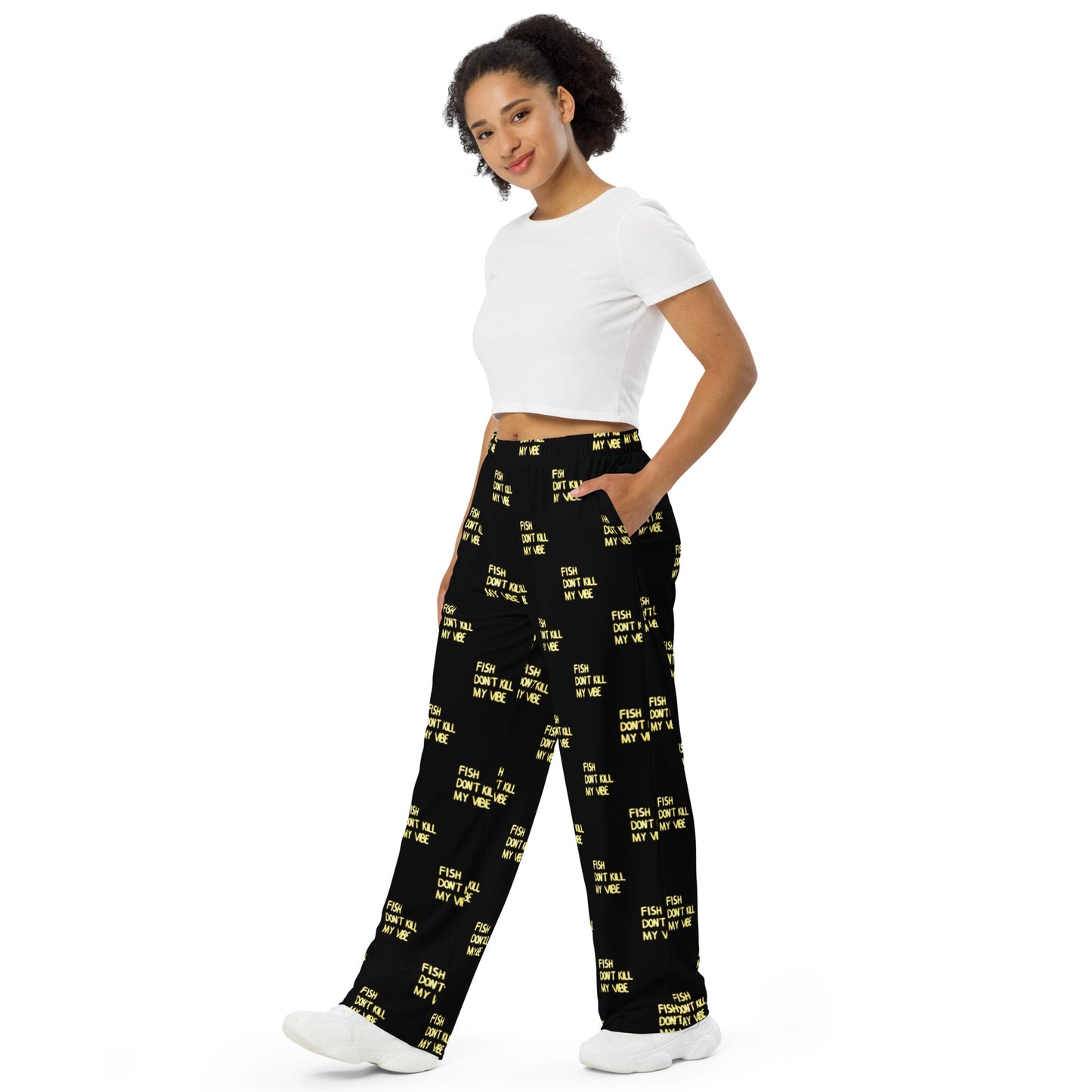 All-over print unisex wide-leg pants "Fish Don’t Kill My Vibe"