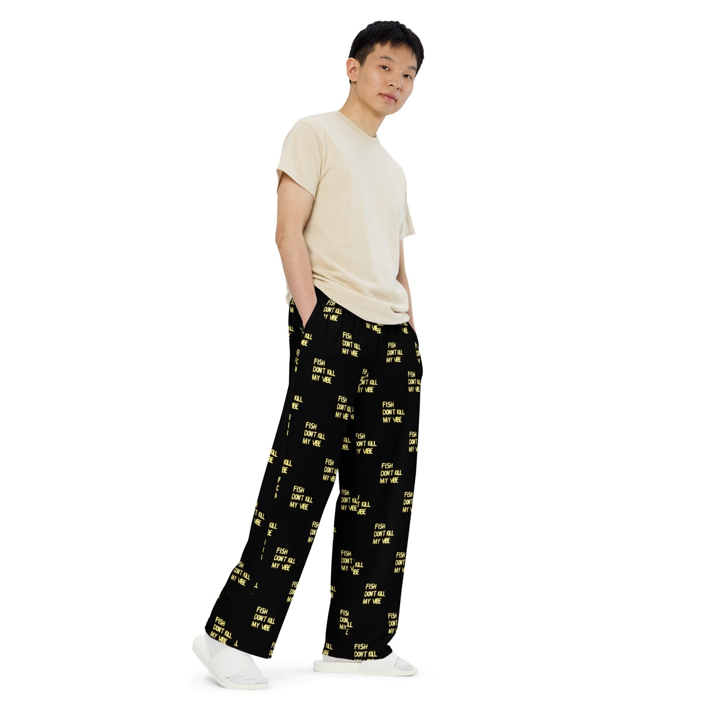 All-over print unisex wide-leg pants "Fish Don’t Kill My Vibe"