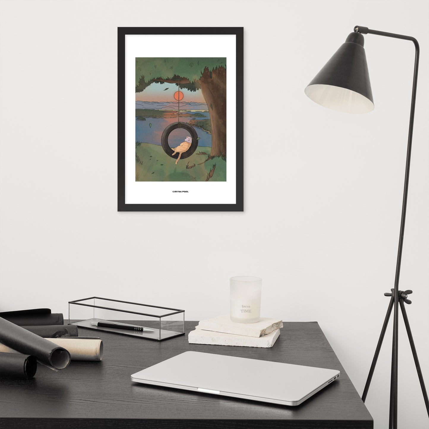 Framed poster "Ginger Cat and Tire Swing"