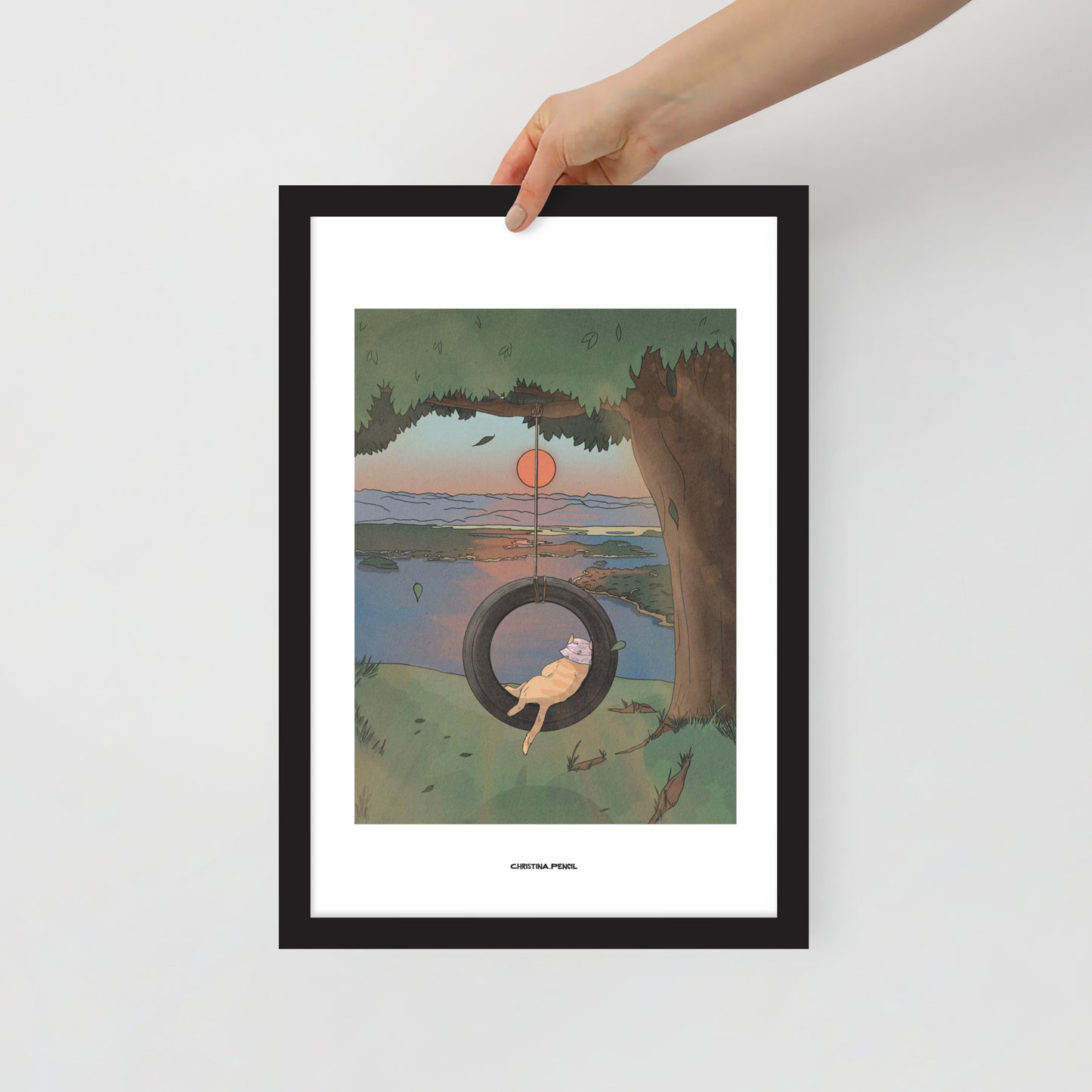 Framed poster "Ginger Cat and Tire Swing"