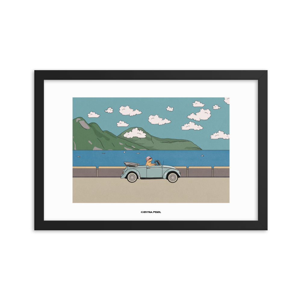 Framed horizontal poster "Ginger Cat Rides A Car"