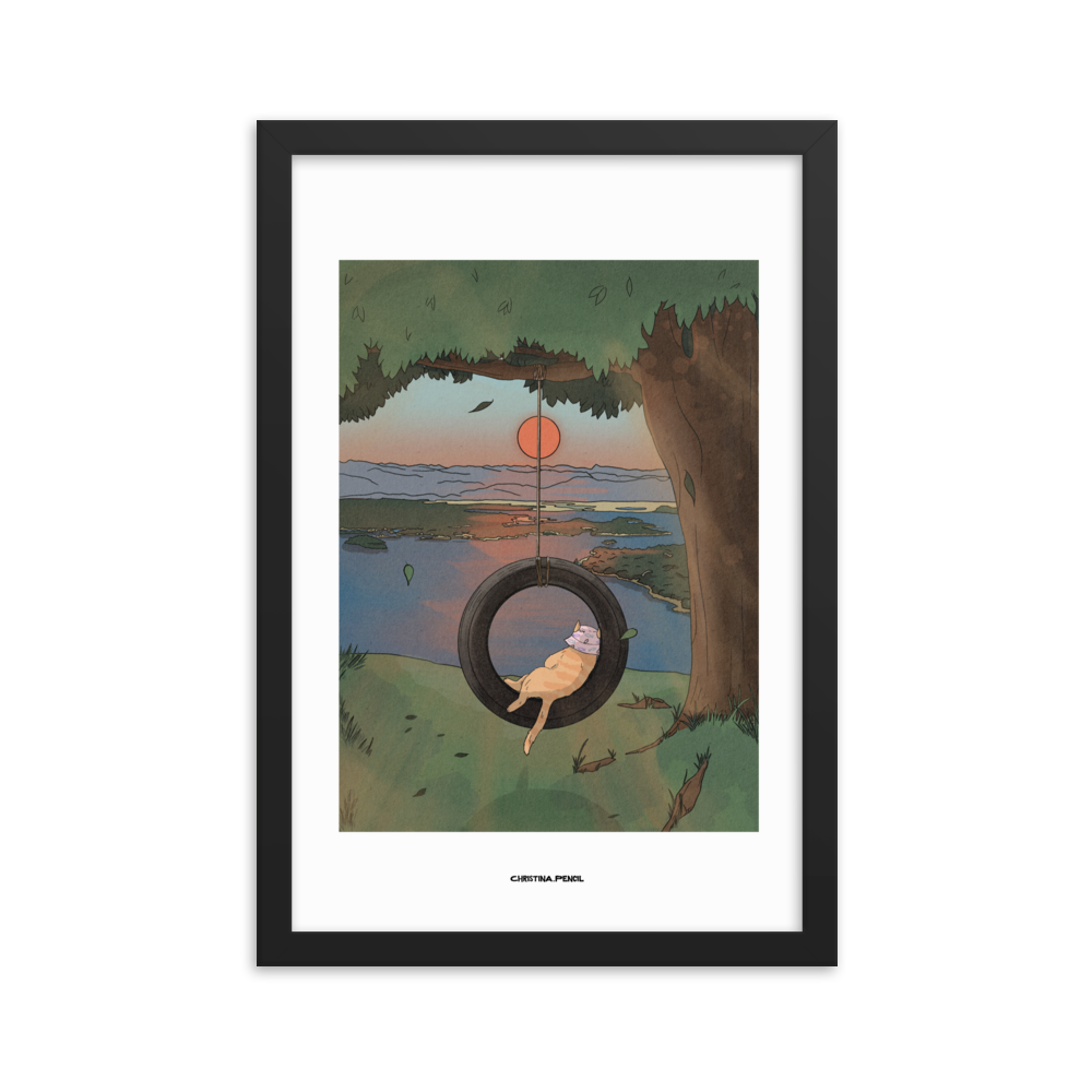 Framed poster "Ginger Cat and Tire Swing"