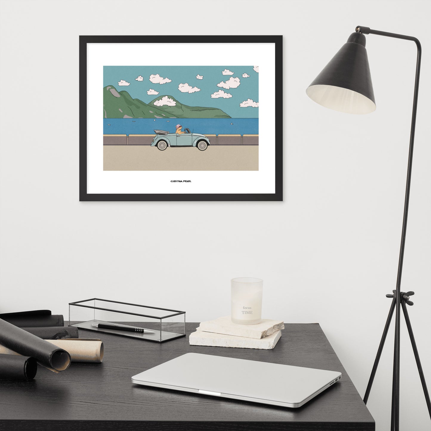 Framed horizontal poster "Ginger Cat Rides A Car"