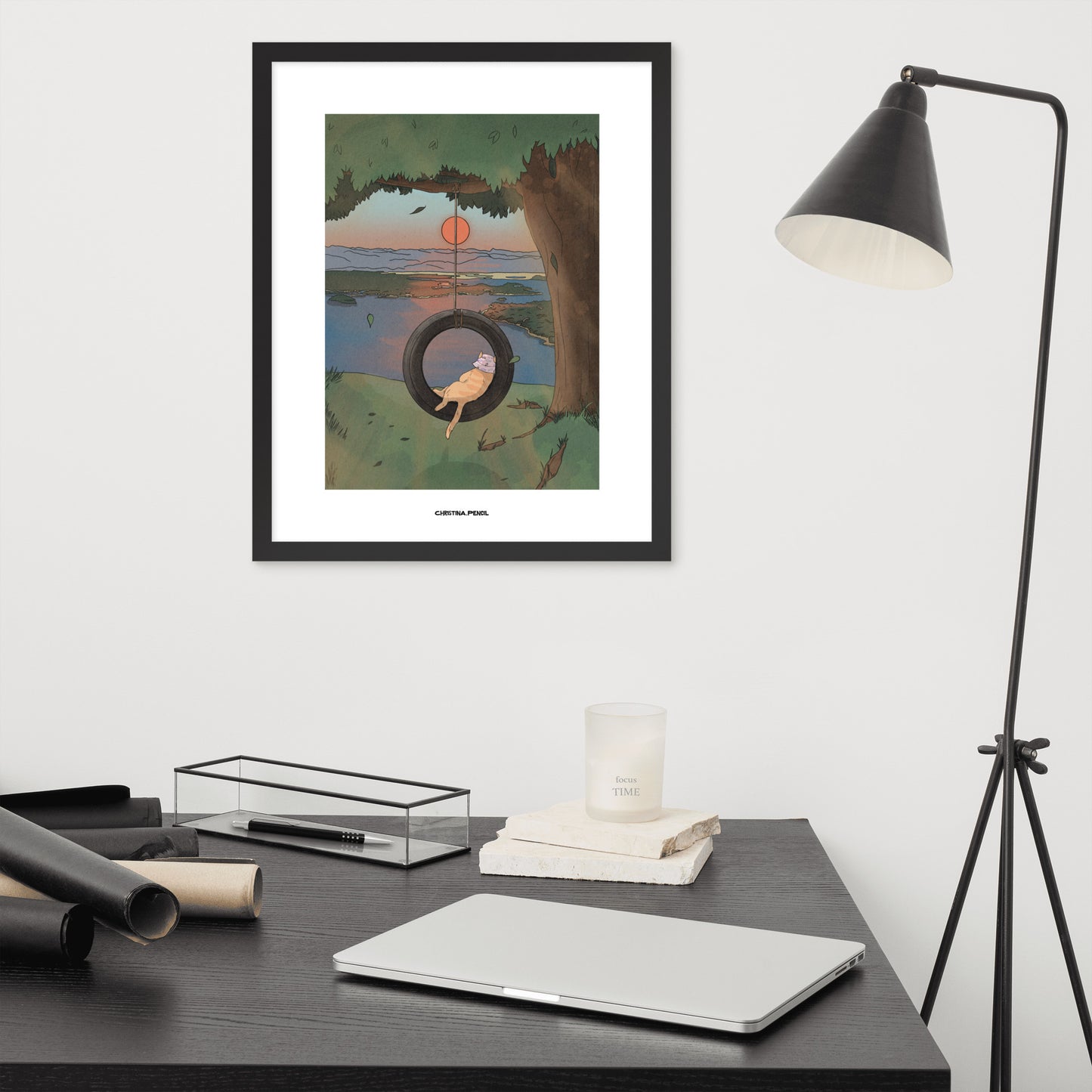 Framed poster "Ginger Cat and Tire Swing"