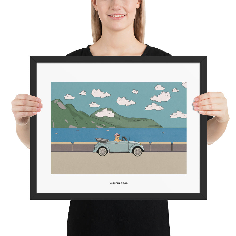 Framed horizontal poster "Ginger Cat Rides A Car"