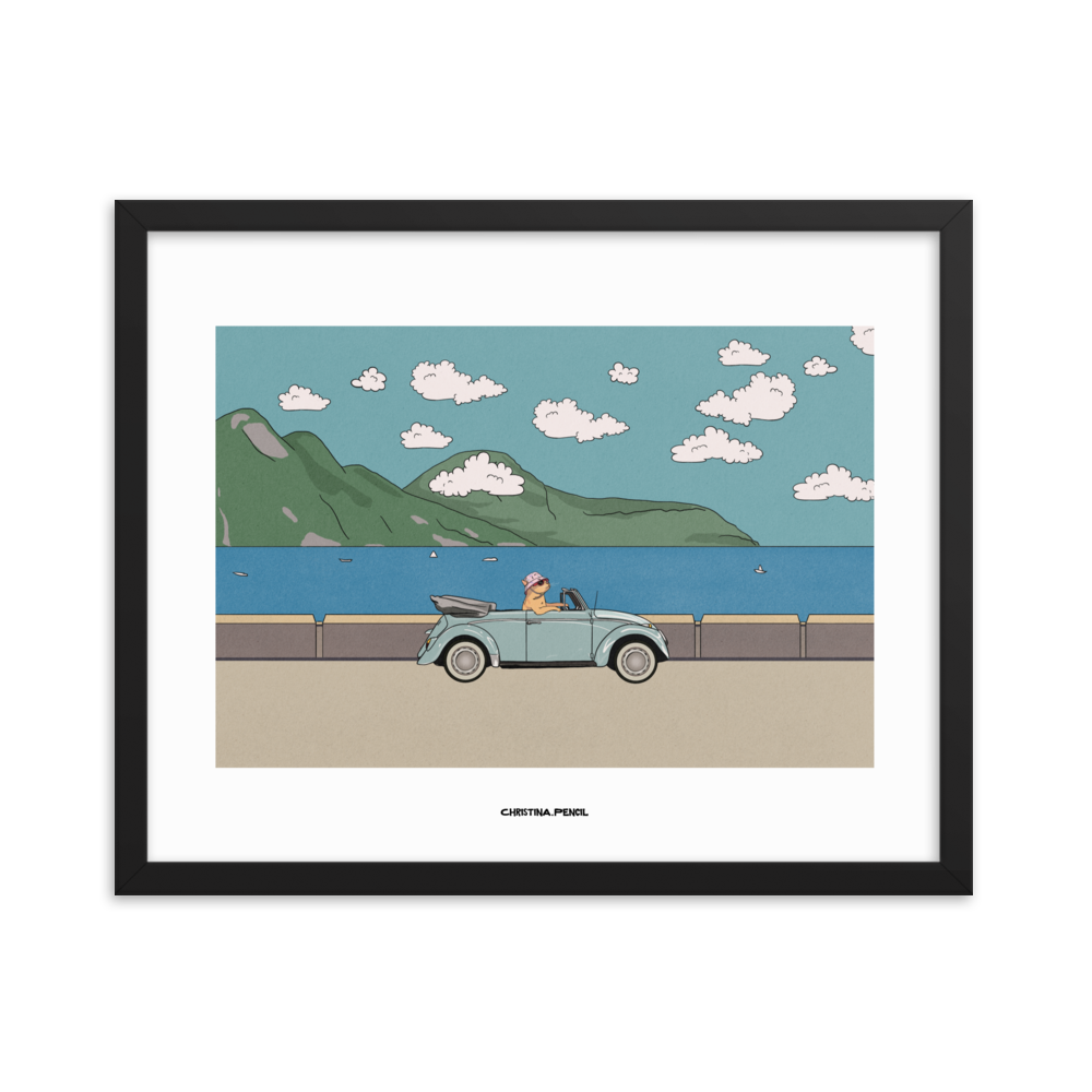 Framed horizontal poster "Ginger Cat Rides A Car"