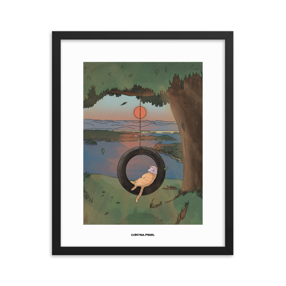 Framed poster "Ginger Cat and Tire Swing"