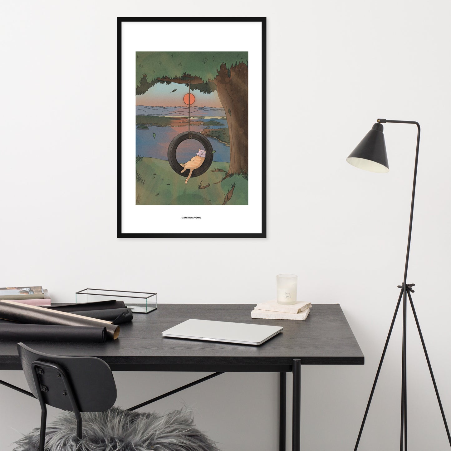 Framed poster "Ginger Cat and Tire Swing"