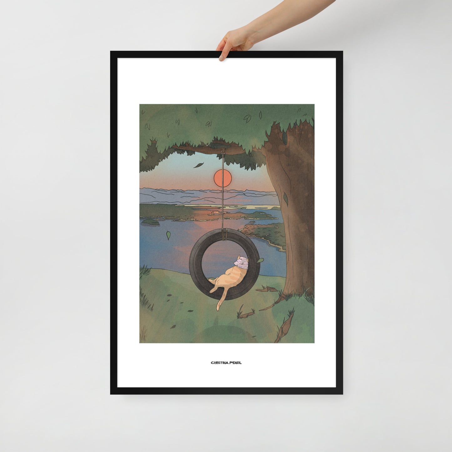 Framed poster "Ginger Cat and Tire Swing"