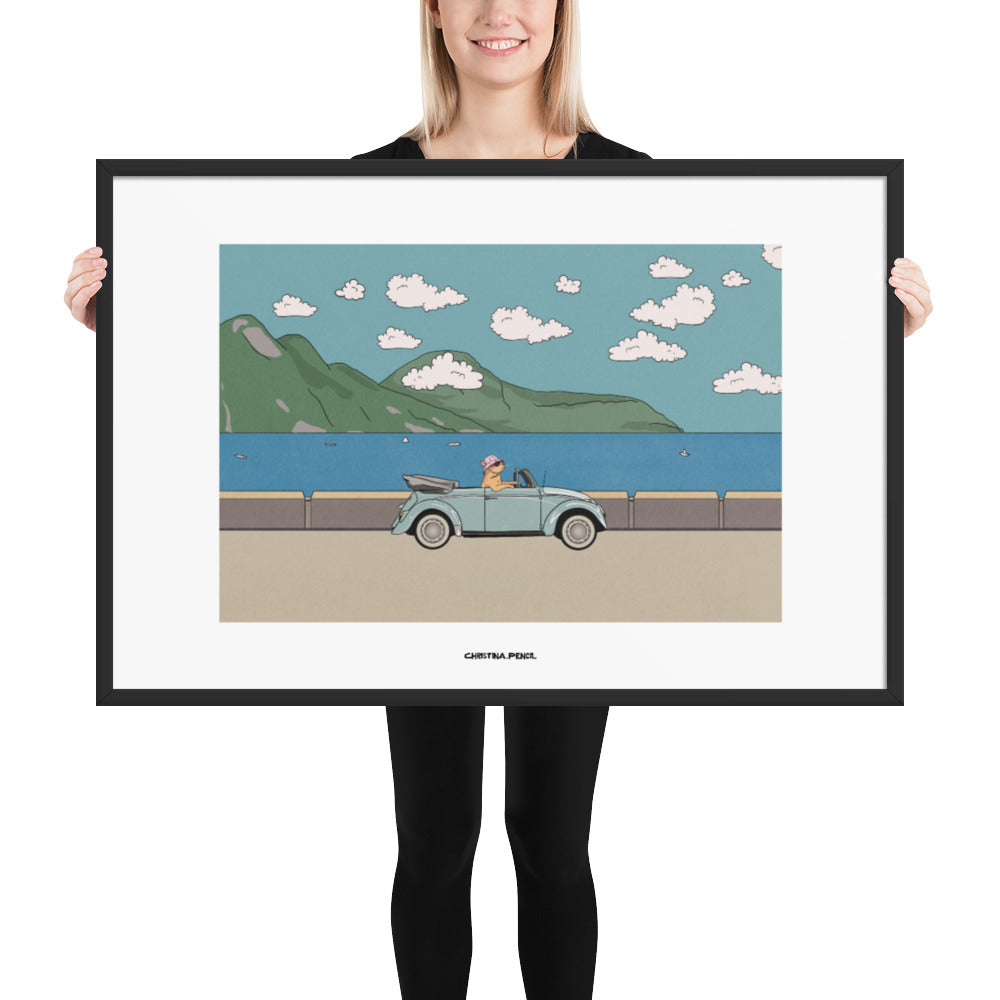 Framed horizontal poster "Ginger Cat Rides A Car"