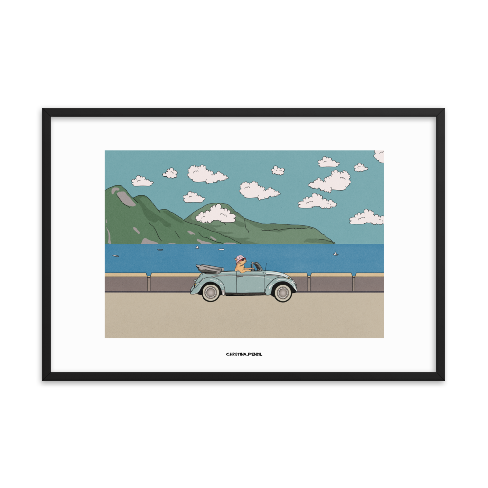 Framed horizontal poster "Ginger Cat Rides A Car"