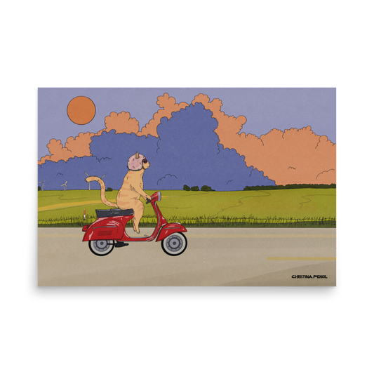 Poster Horizontal "Ginger Cat Rides The Moped"