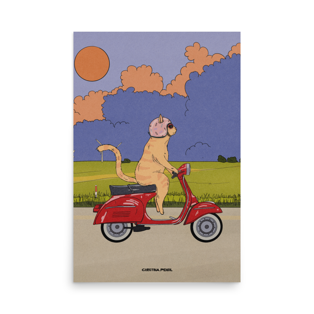 Poster "Ginger Cat Rides A Moped"