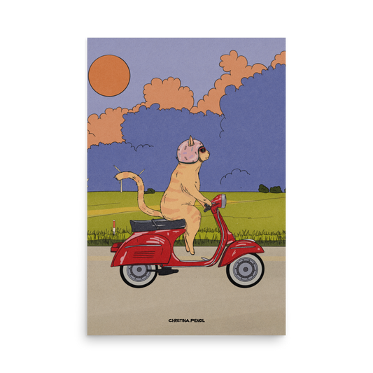 Poster "Ginger Cat Rides A Moped"