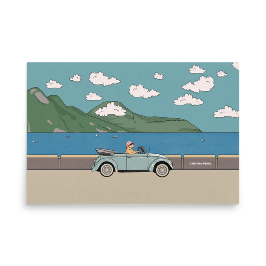 Horizontal Poster "Ginger Cat Rides A Car"