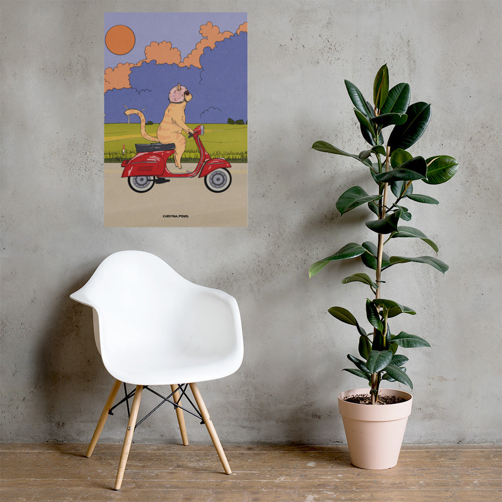 Poster "Ginger Cat Rides A Moped"