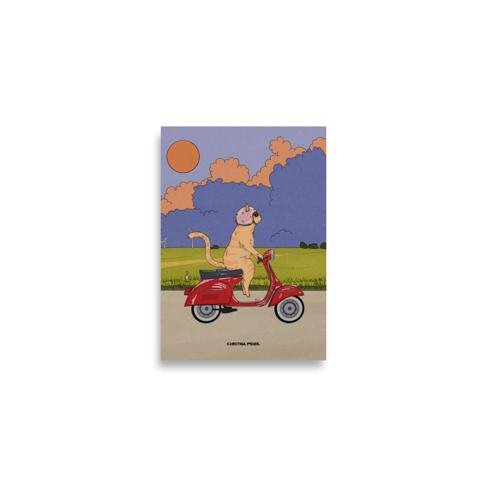 Poster "Ginger Cat Rides A Moped"